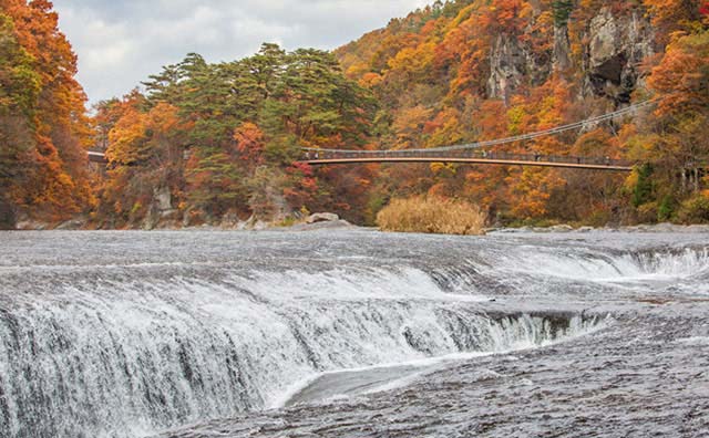 滝、浮島橋、紅葉のコラボレーション